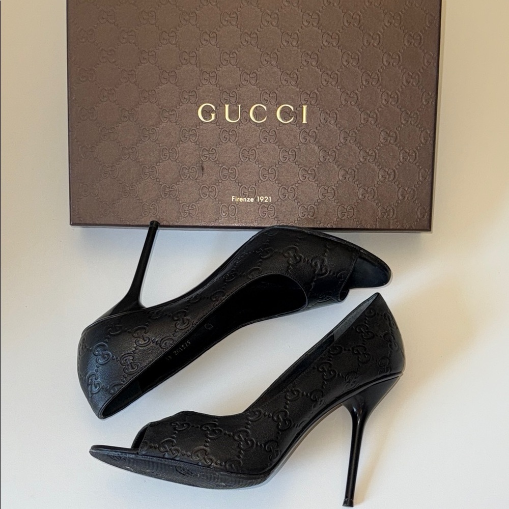 Gucci Guccissima Black Women's Stiletto Peep Toe Heels Size 41 - Picture 5 of 16